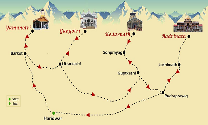 Char Dham Yatra route map from Haridwar to Yamunotri, Gangotri, Kedarnath and Badrinath